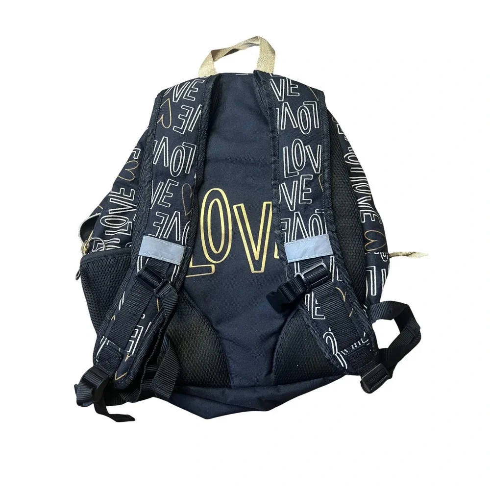 Kids Black Gold Love Heart Print Backpack School Bag Padded Straps Reflective